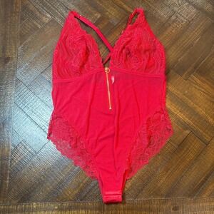 Cacique Red Lace Bodysuit 18/20 Mesh‎ Zip Front Lingerie